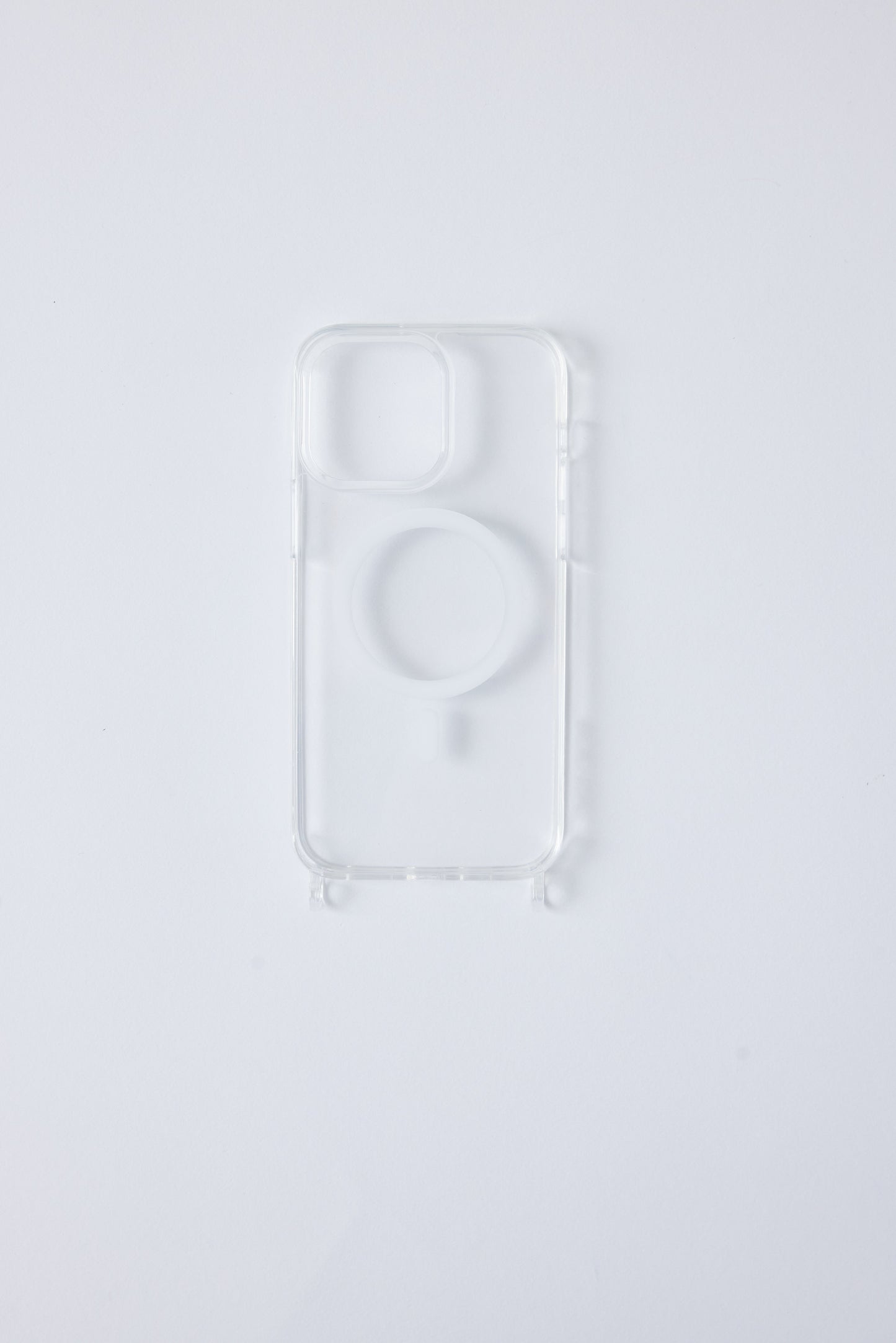 Clear case with integrated hooks for straps and wristlets.