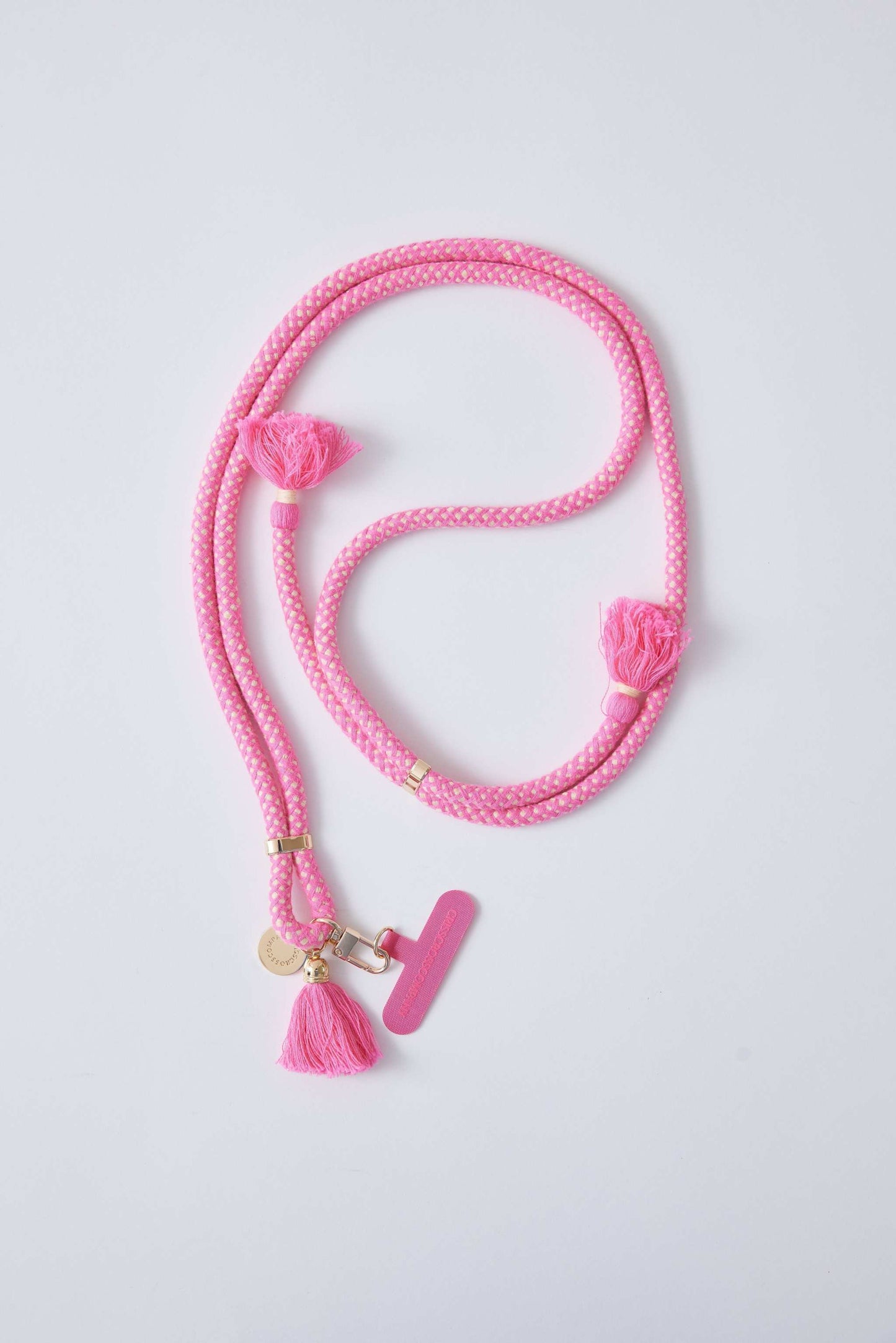 cotton phone strap with universal adapter in pink, adjustable and easy to attach