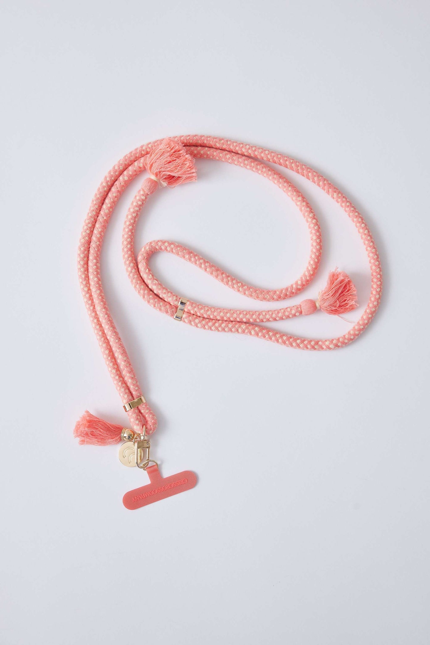 Cotton phone strap with universal adapter, gold carabiner, adjustable length.