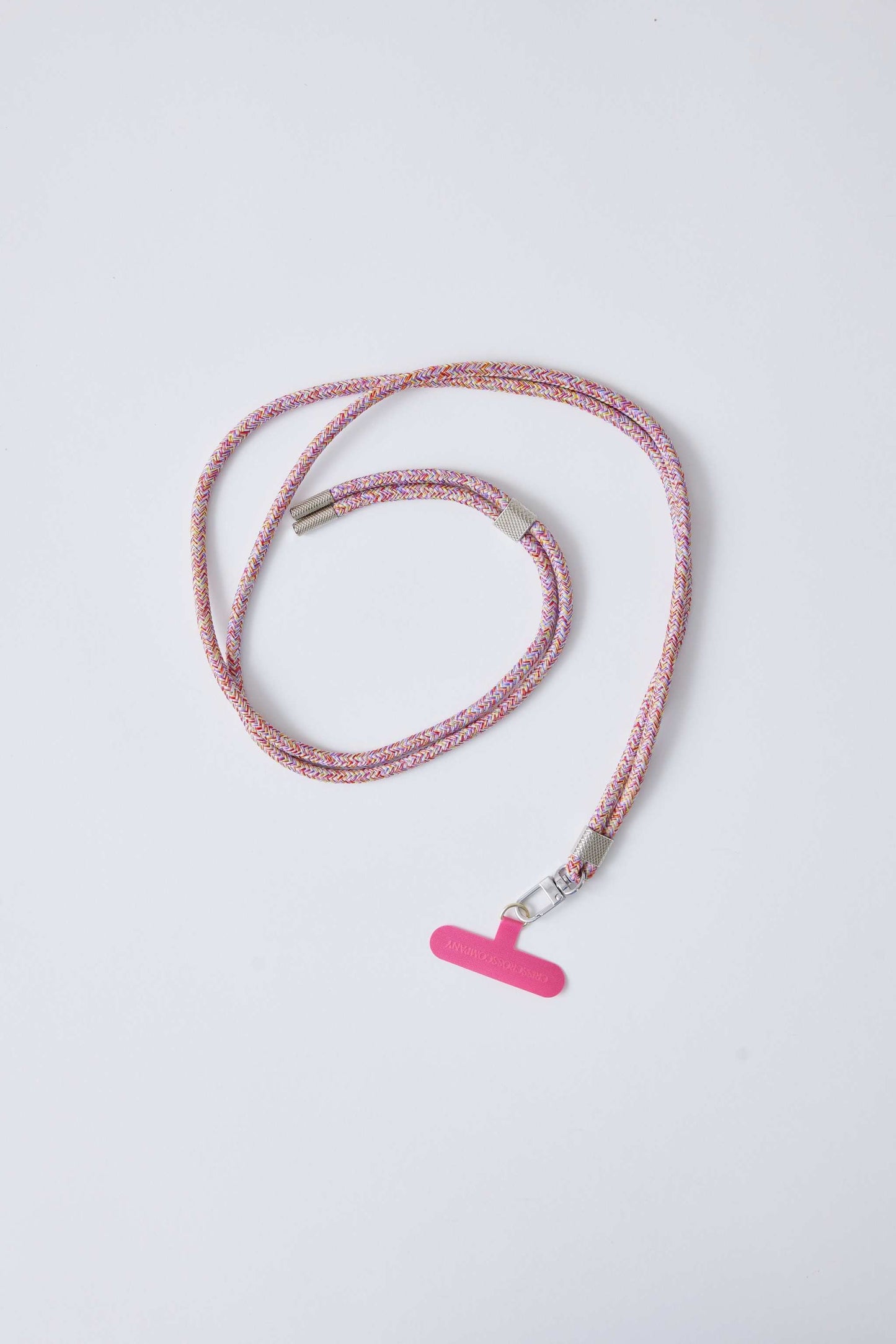 60-inch stretchy phone strap with adapter in pink and multicolor design.