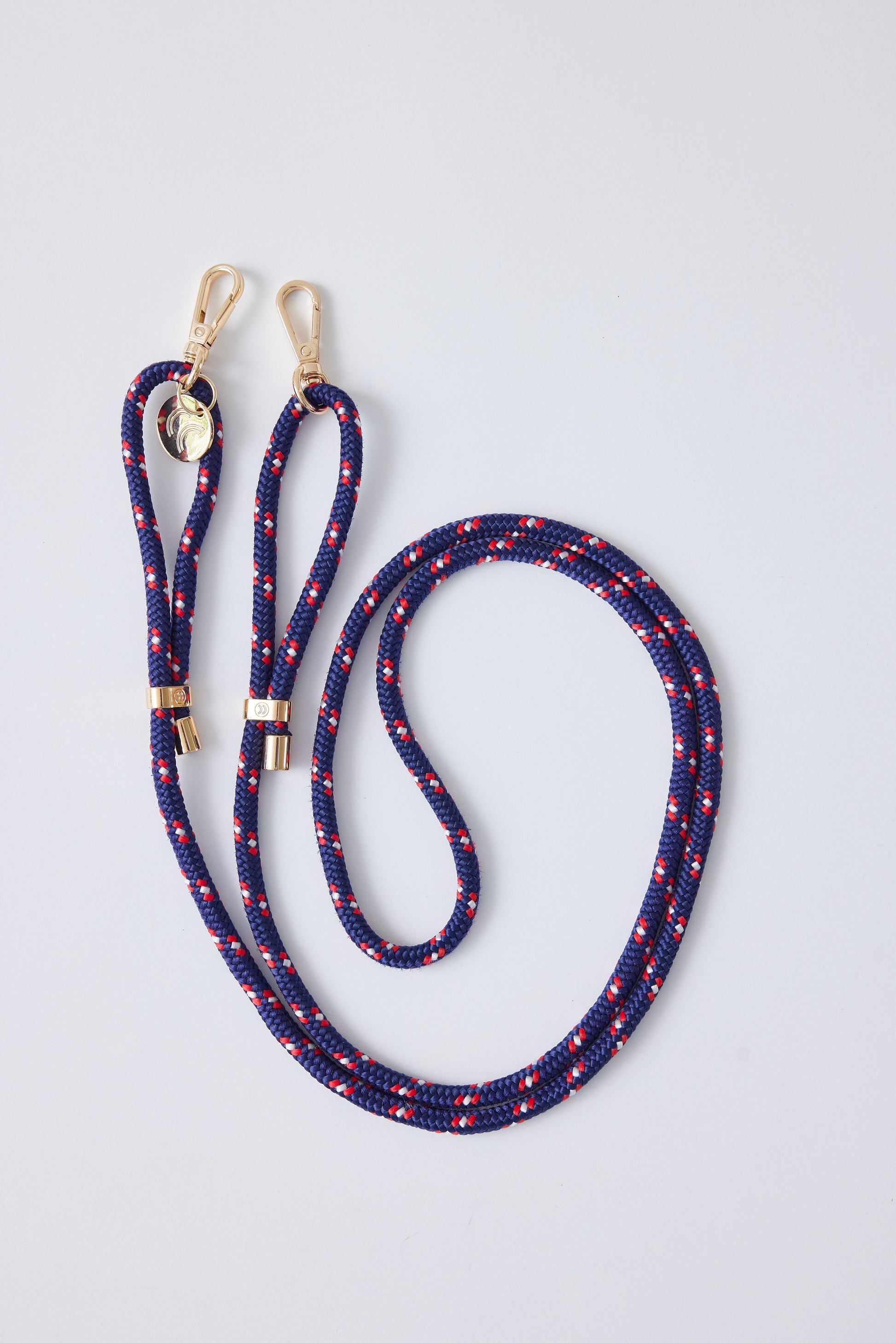 Detachable Poly Straps - Nautic with gold carabiners, polyester material, 60 inches adjustable.