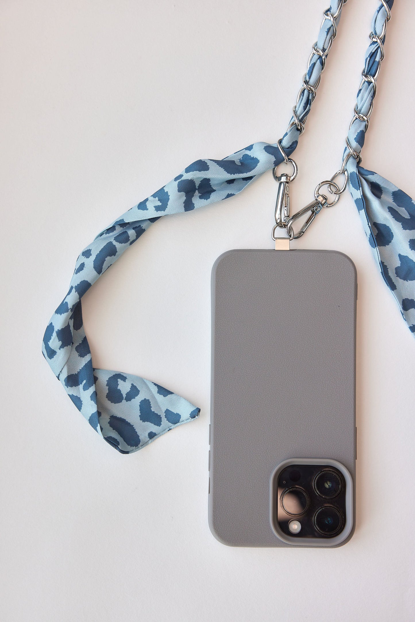 Denim Leo Chain scarf phone chain with universal adapter and carabiner hooks