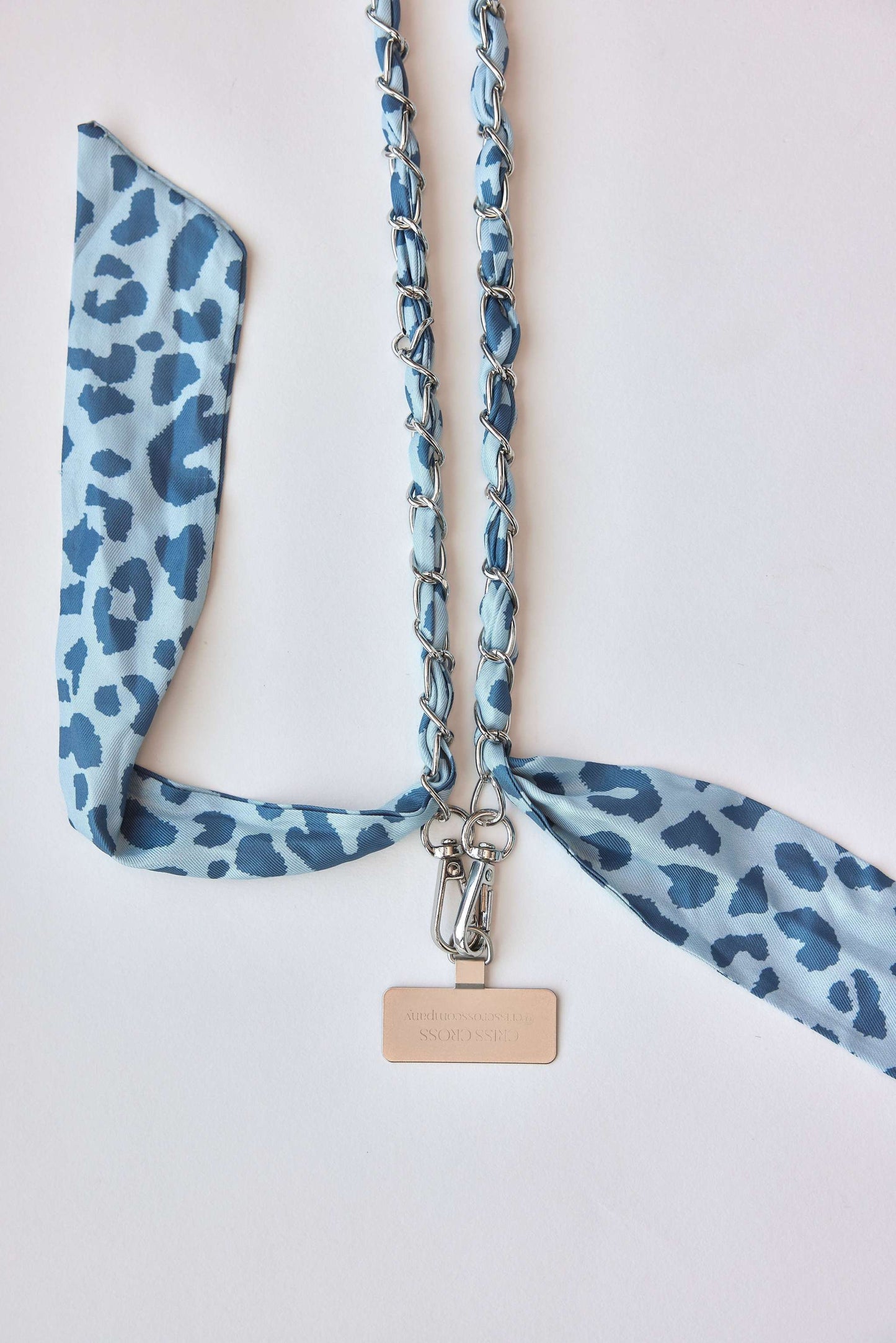 Denim Leo Chain with carabiners and hooks for phone cases.