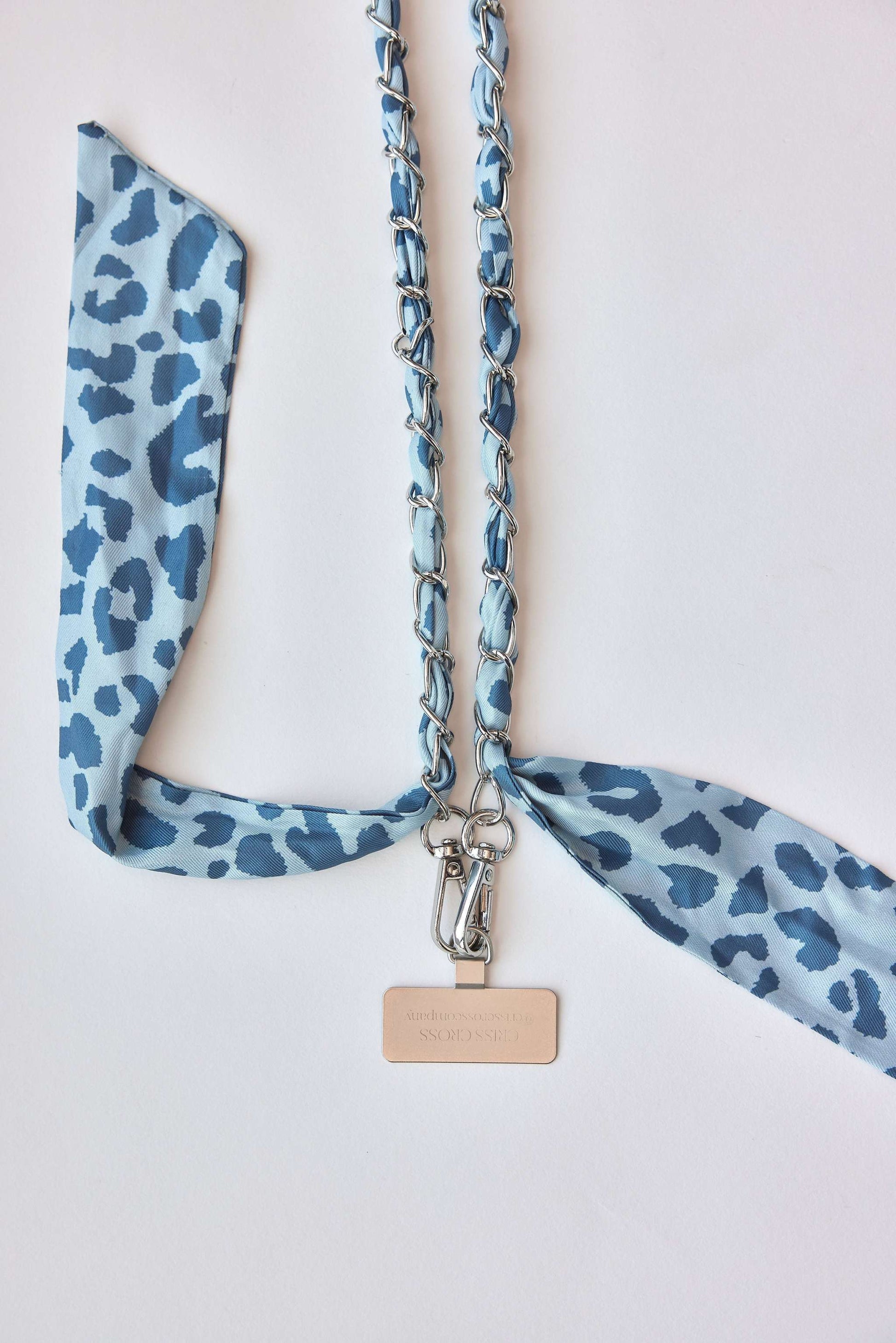 Denim Leo Chain with carabiners and hooks for phone cases.