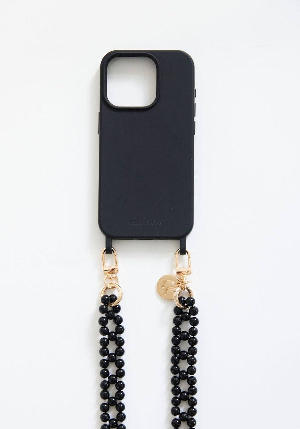 Phone case with detachable black beaded chain for IP 15 series.
