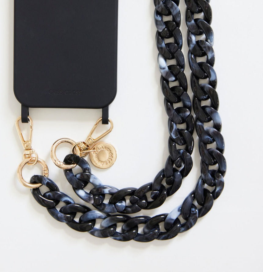 Detachable acrylic phone chains with dual golden rings and carabiners.