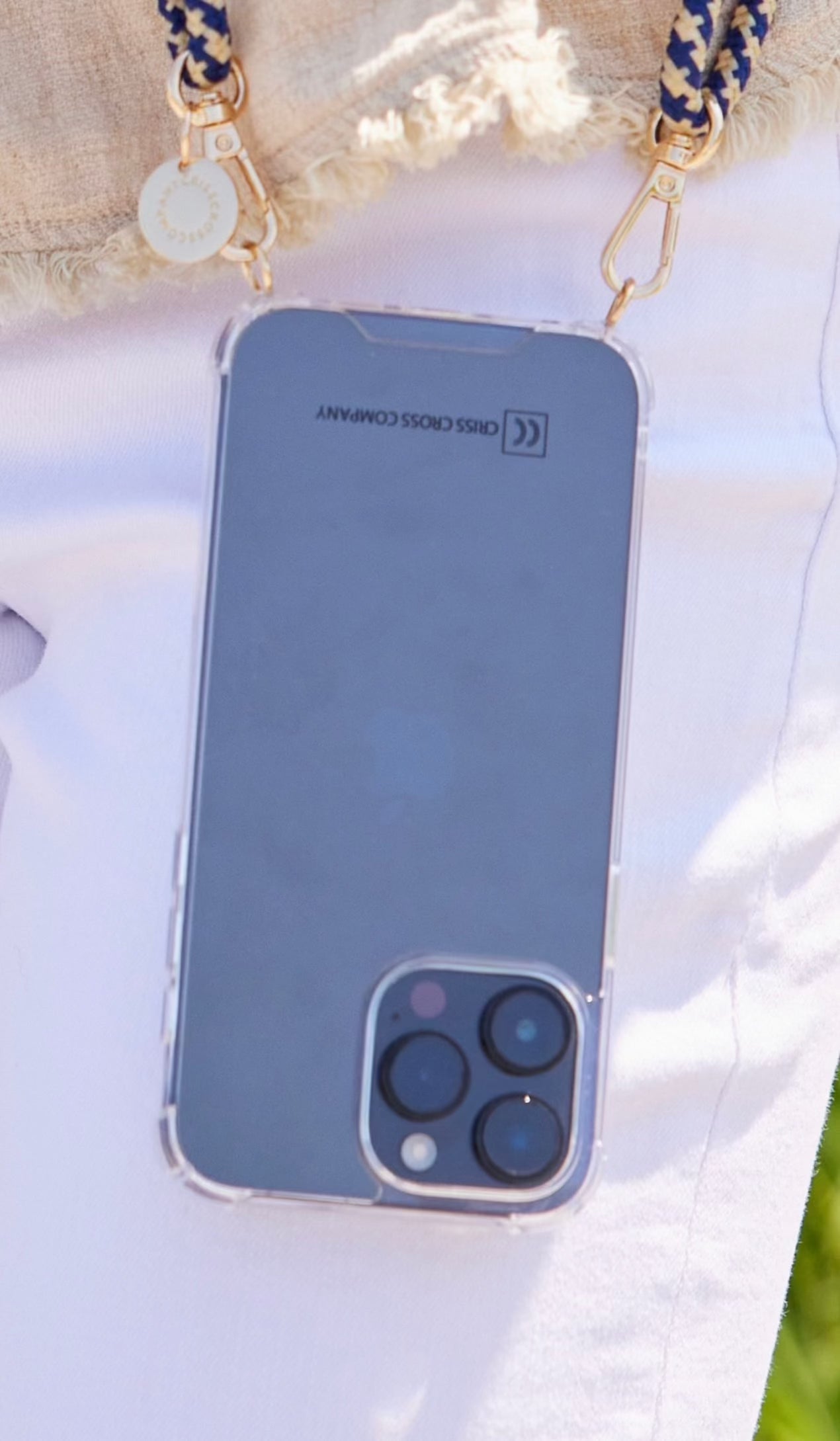 Clear phone case with gold ring attachments for IP 11 - 14 series.