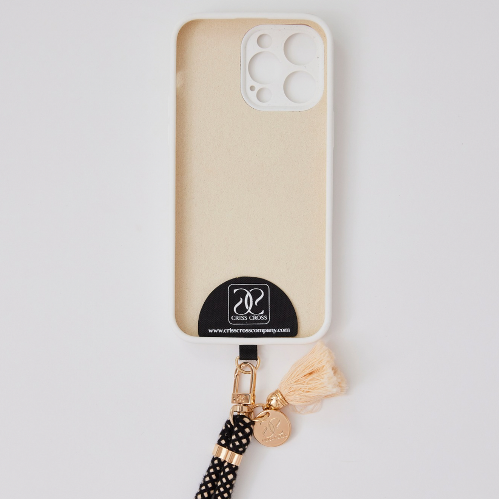 Adjustable cotton phone strap with universal adapter and decorative tassels for hands-free carrying
