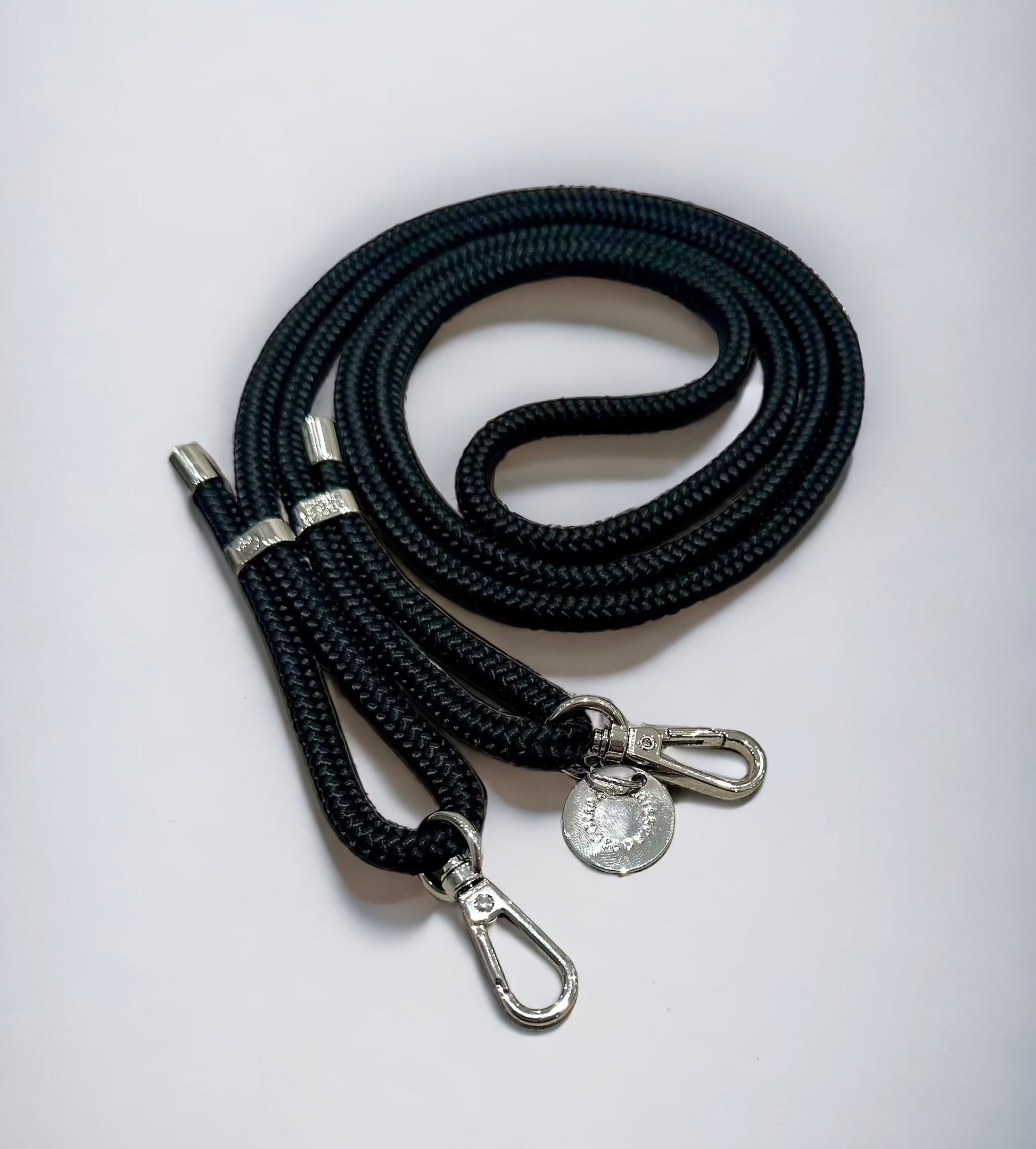 Detachable Poly Strap Midnight Black with silver carabiners and adjustable length.