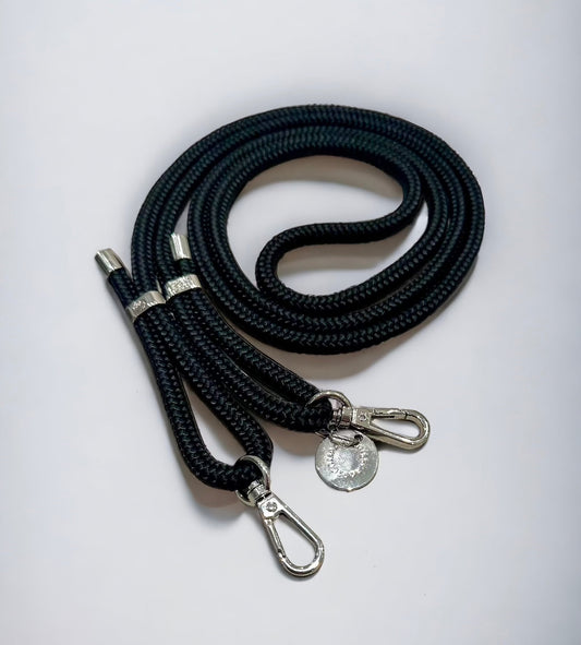 Detachable Poly Strap Midnight Black with silver carabiners and adjustable length.