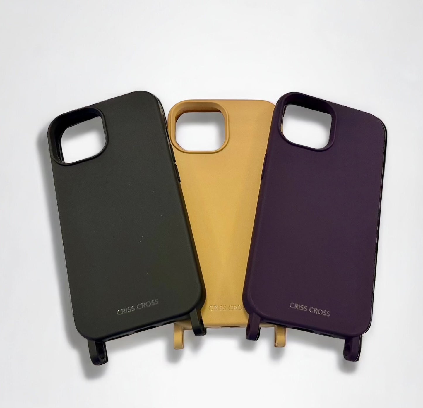 Colorful silicone cases with hooks for IP 15 series, featuring MagSafe compatibility; includes variations in black, gold, and purple.