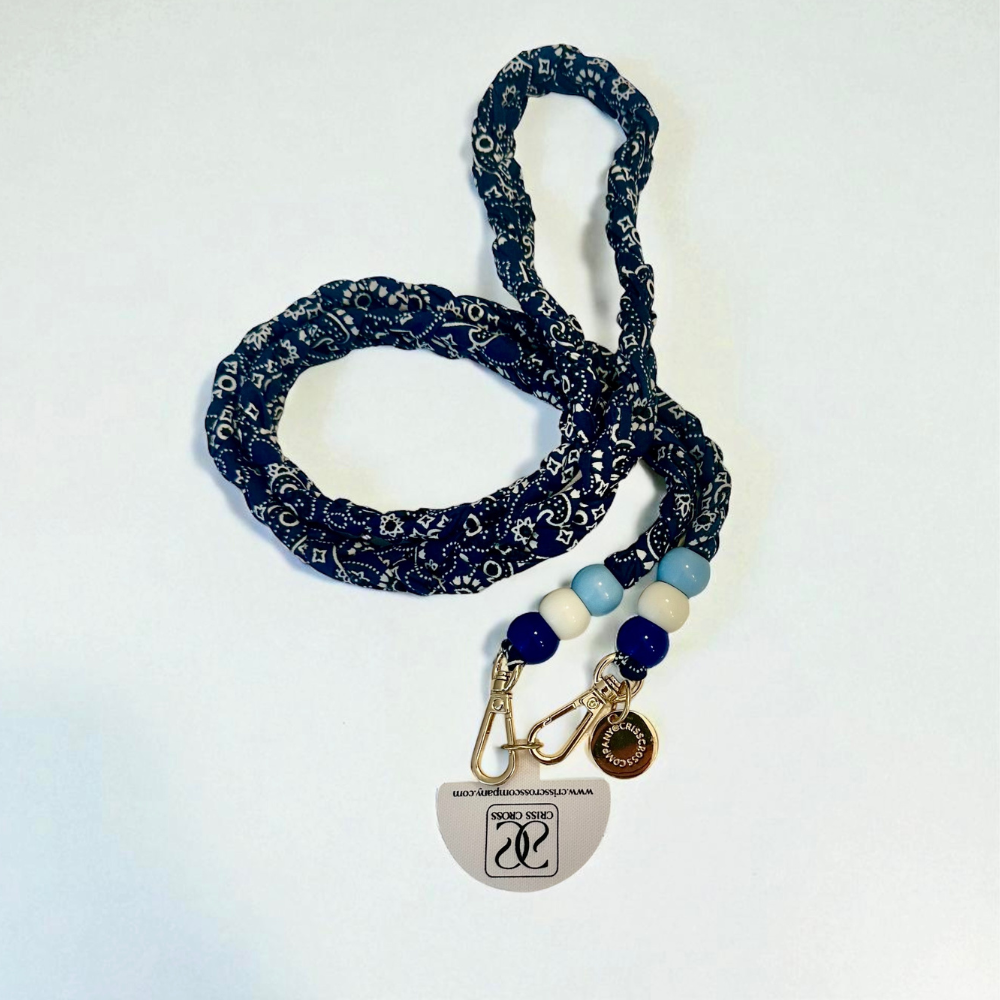 Blue bandana phone strap with beads and metal clips