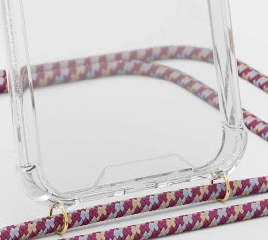 Clear phone case with gold rings for IP 11 - 14 series, featuring strap attachment.