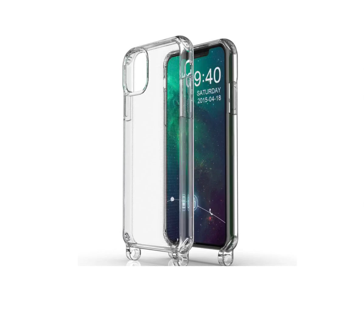 Clear case with integrated hooks for easy strap attachment, offering a personalized hands-free experience.