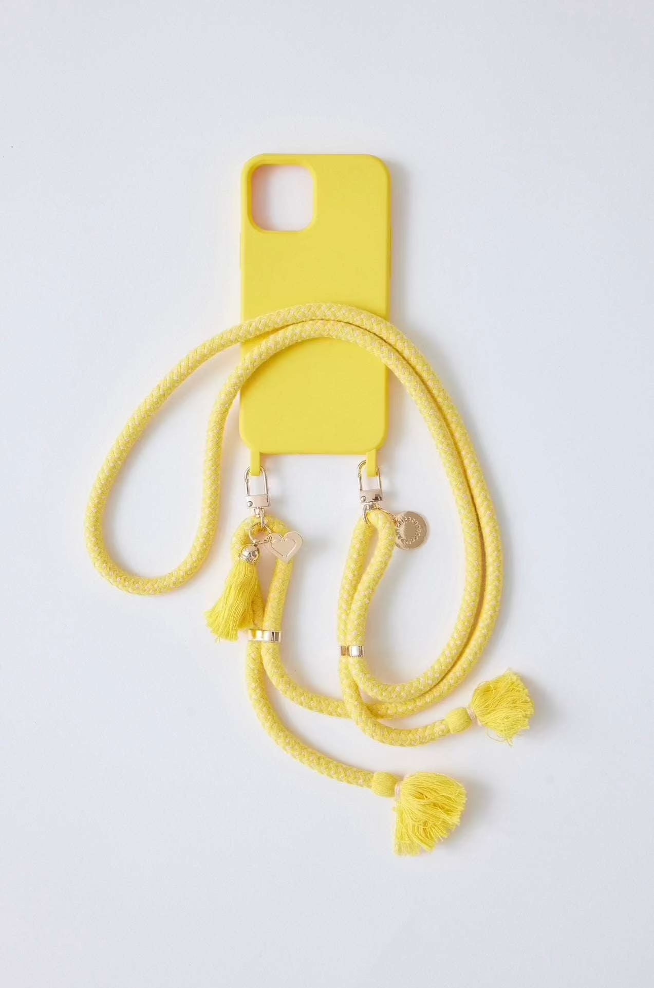 Colorful phone case with detachable yellow strap for IP 15 series.