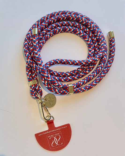 Team phone straps with adjustable woven strap, single carabiner, and universal adapter in multiple colors