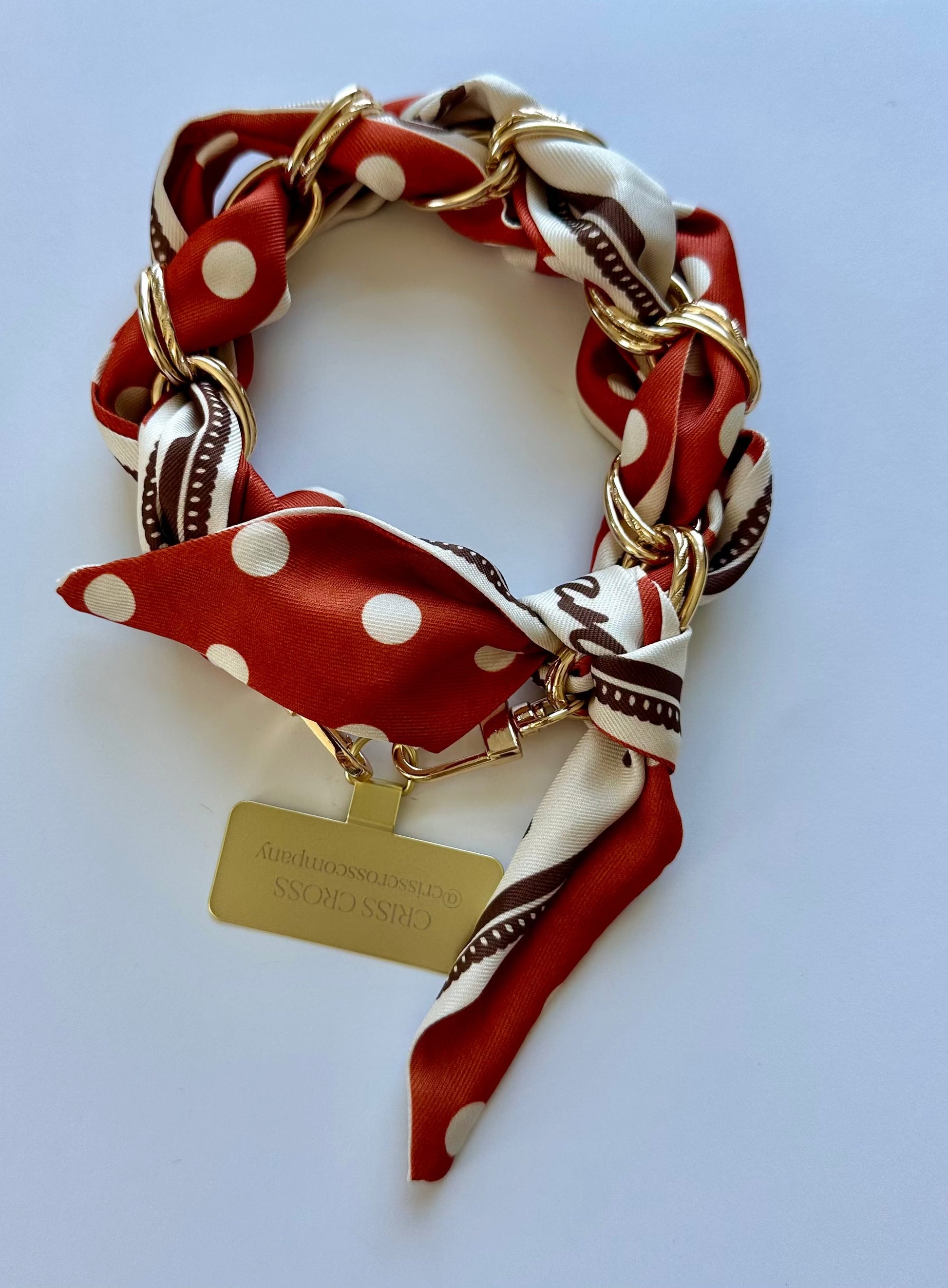 Paris-inspired dotted scarf phone wristlet with adapter and carabiner for hands-free carrying