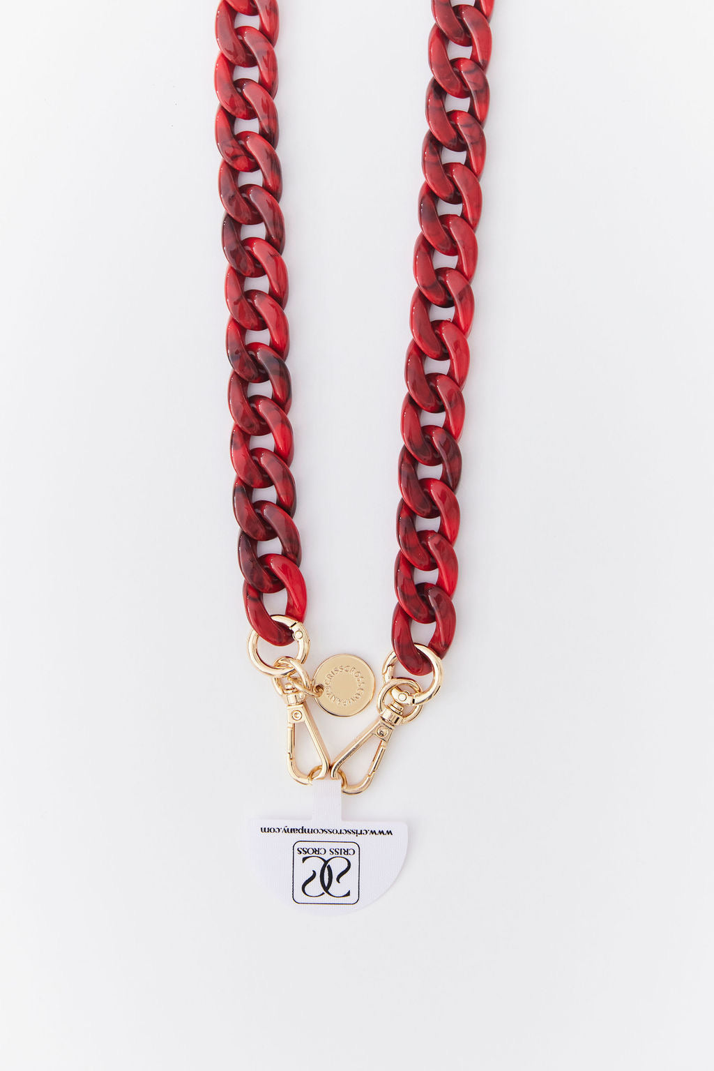 Detachable acrylic phone chain in red with gold rings and carabiners for stylish phone accessory.