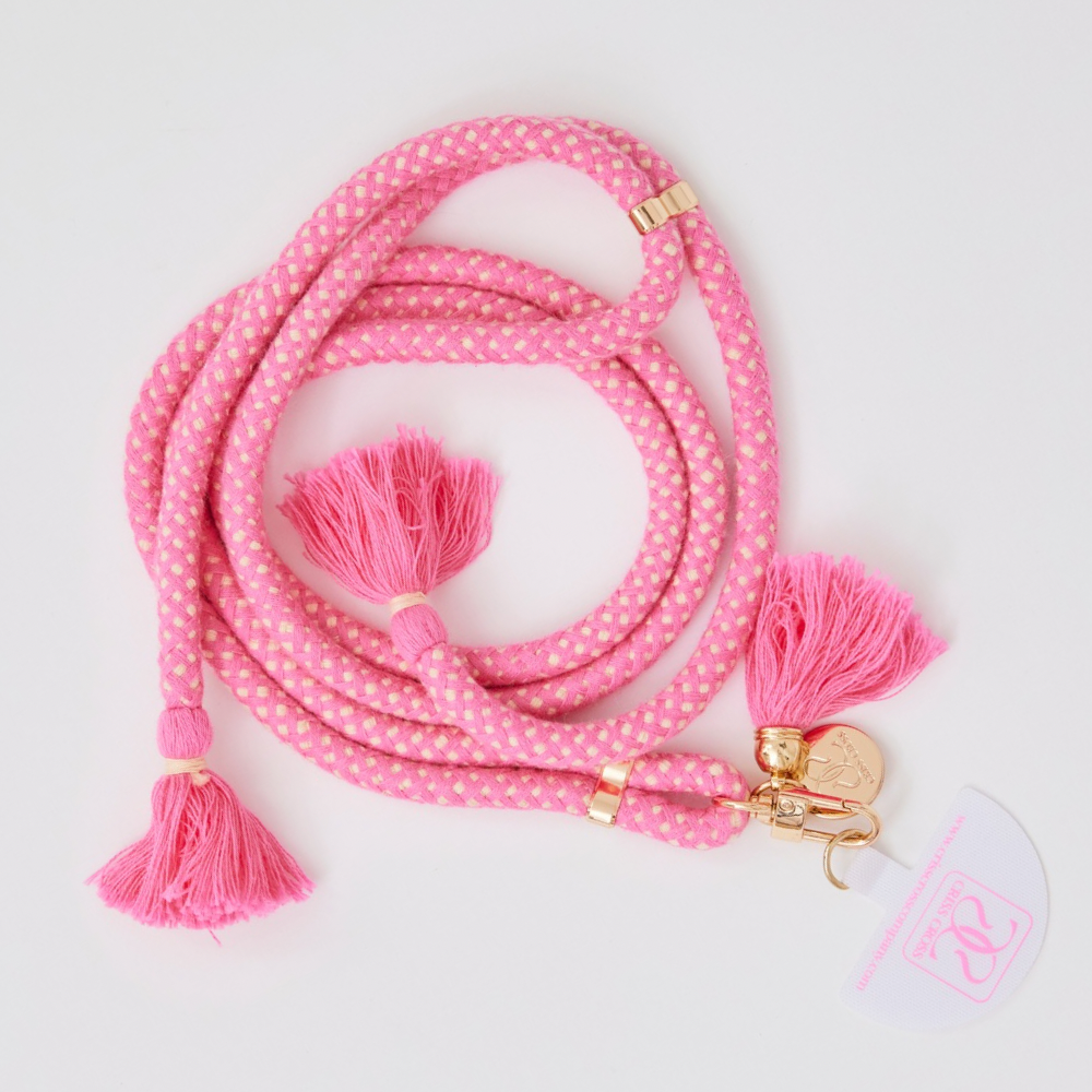Adjustable cotton phone strap with universal adapter and decorative tassels for hands-free carrying