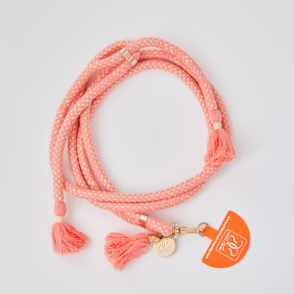 Adjustable cotton phone strap with universal phone adapter and decorative tassels for hands-free carrying