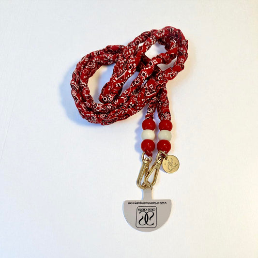 Red bandana phone strap with beads and universal adapter for attaching accessories