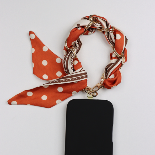 Paris-inspired dotted scarf phone wristlet with adapter for hands-free wrist carry